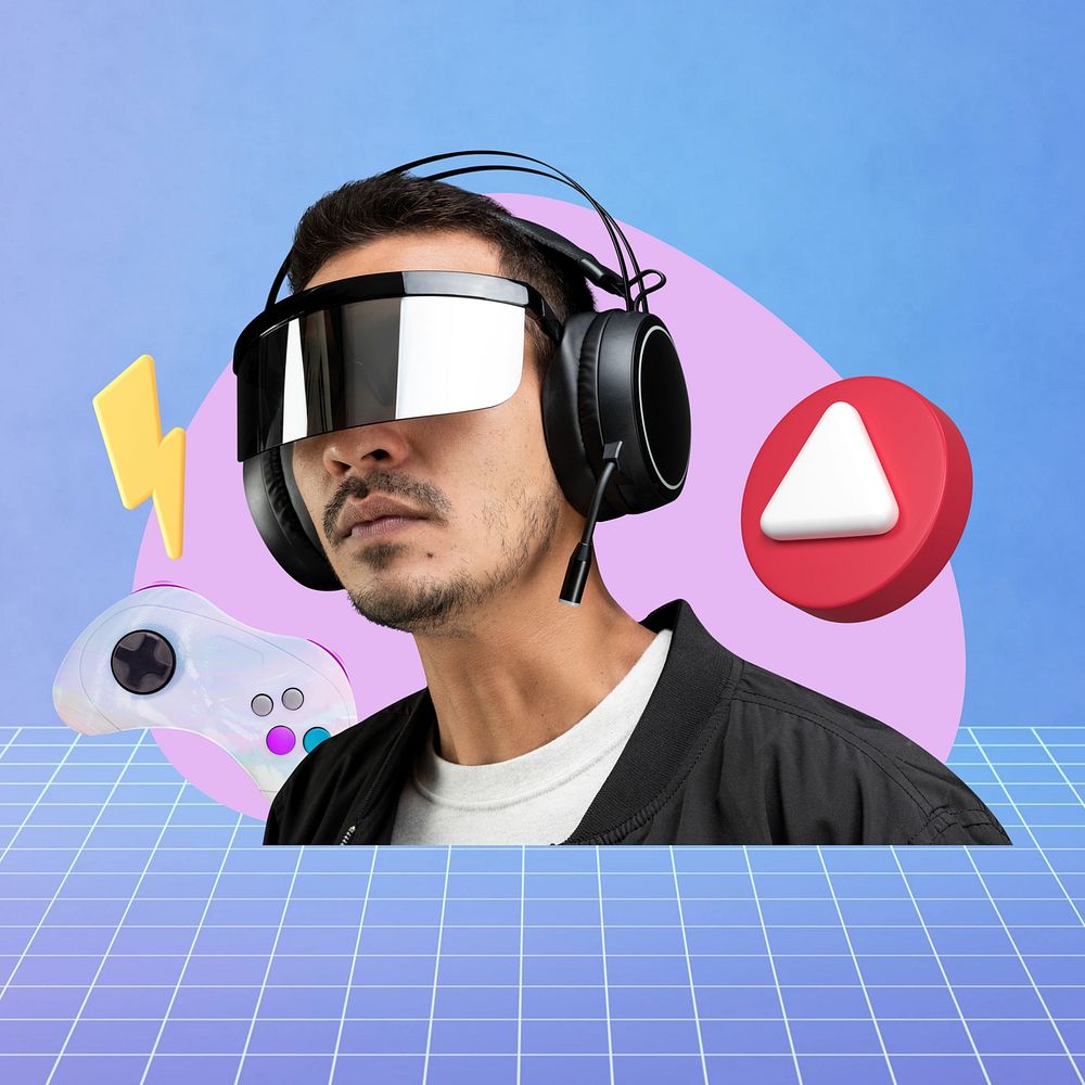 Man wearing smart glasses, creative gaming remix