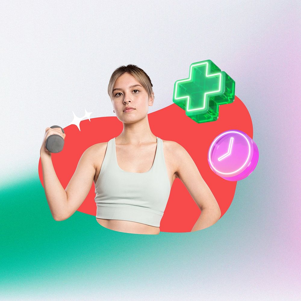 Fit woman exercising, creative wellness remix