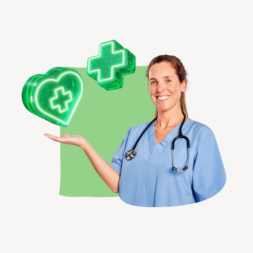Woman doctor smiling, creative healthcare remix