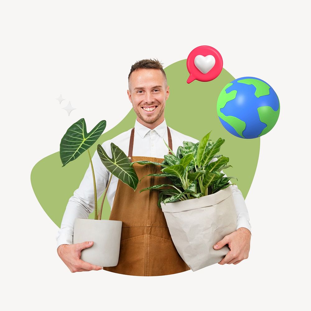 Man holding houseplant, creative environment remix