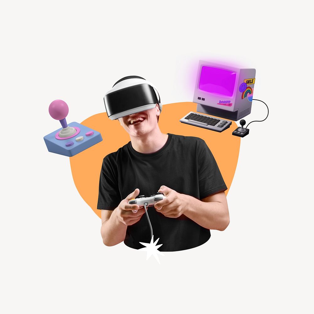 Man playing VR game, creative remix