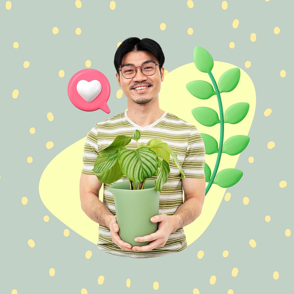 Asian man holding houseplant, hobby remix