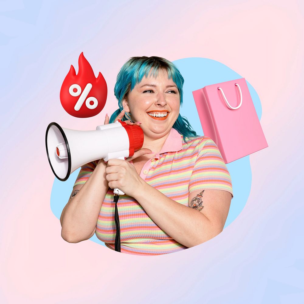 Woman holding megaphone, sale, shopping remix