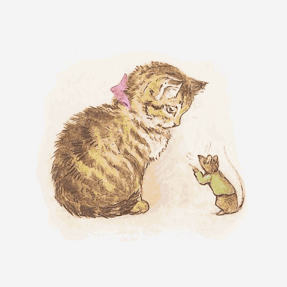 Cat and mouse vintage watercolour clipart image element