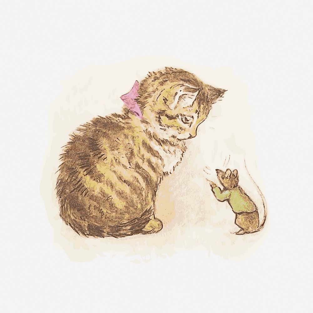 Cat and mouse vintage watercolour illustration clip art psd