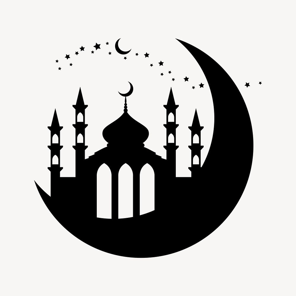 Mosque on crescent moon silhouette illustration vector
