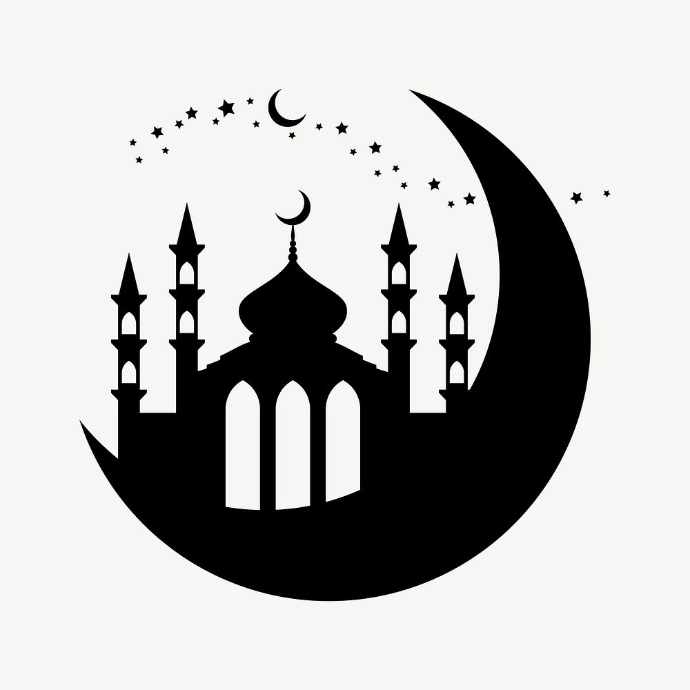 Mosque on crescent moon silhouette clip art psd