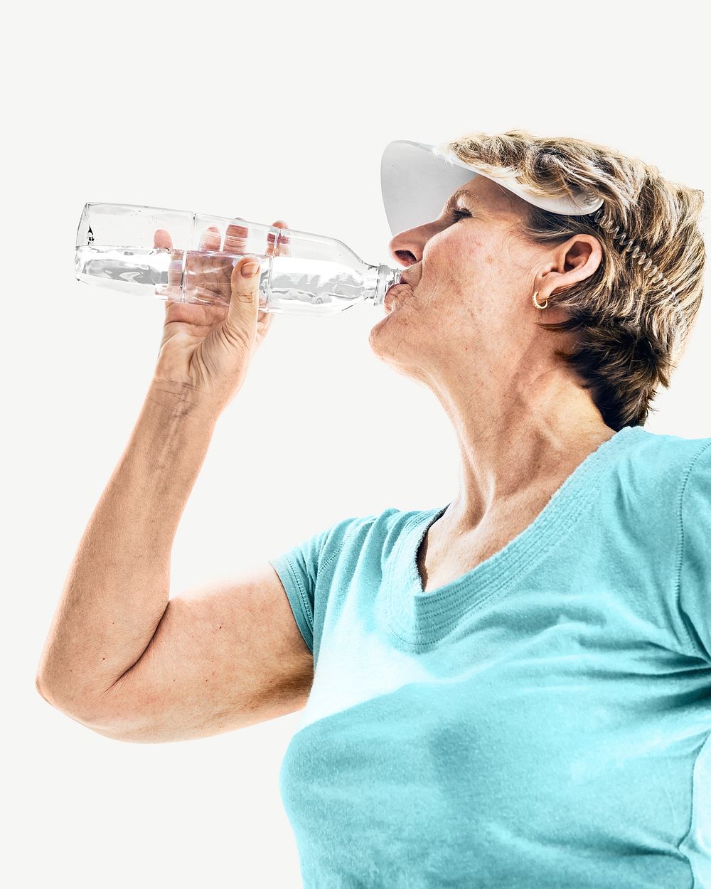 Senior woman drinking water after an exercise collage element psd