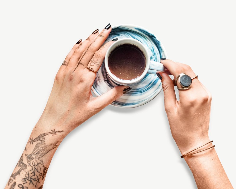 Tattoo hands coffee cup beverage collage element psd