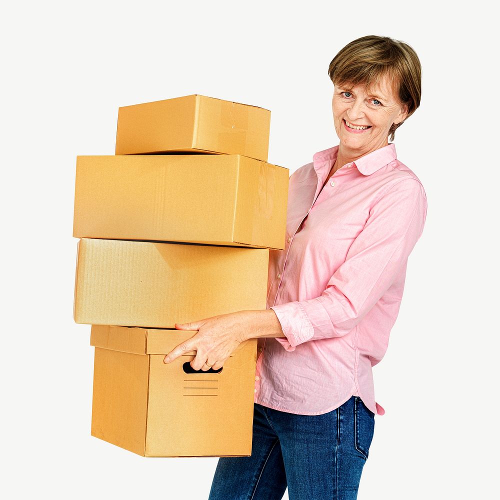 Woman carrying box collage element psd