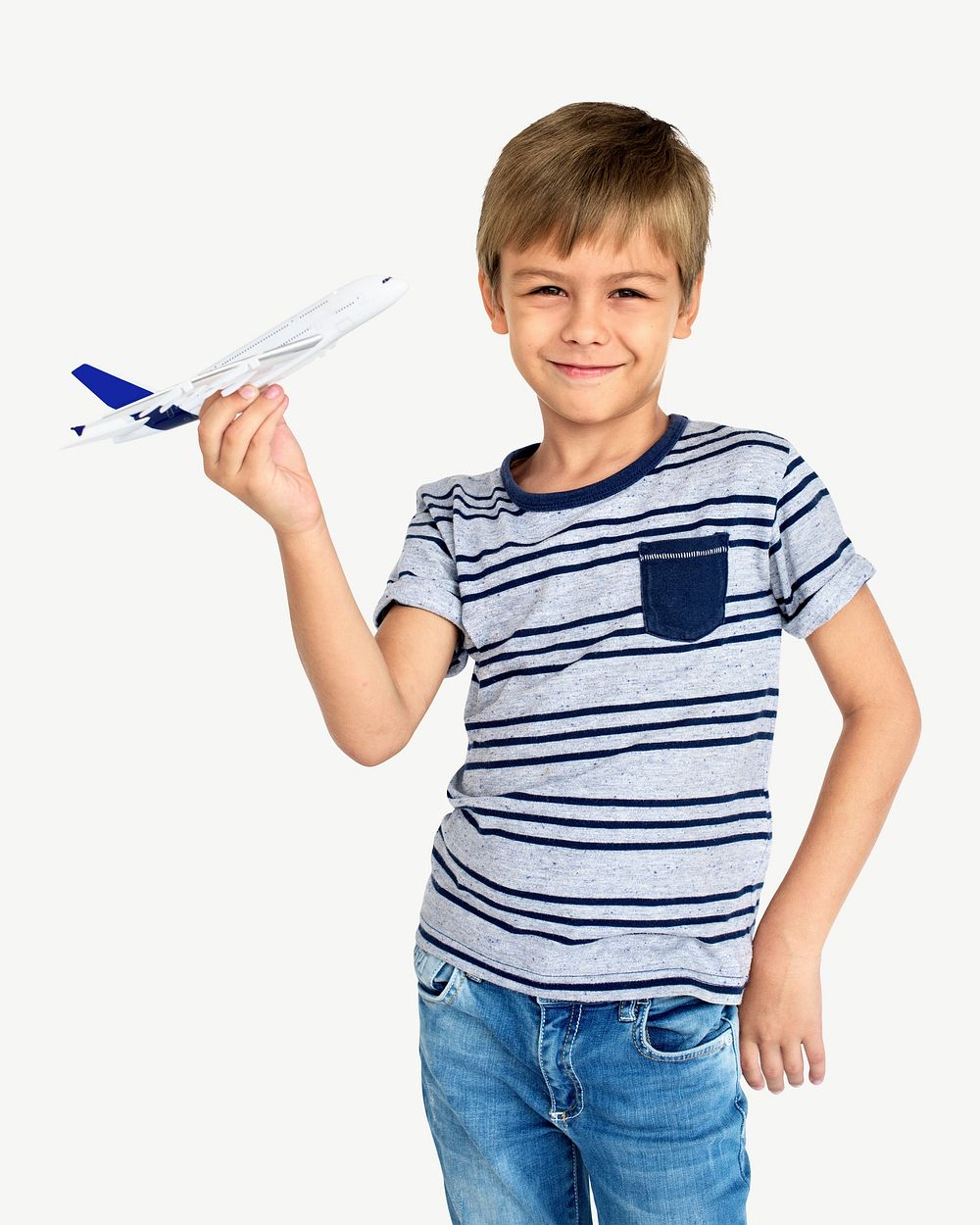 Boy with toy airplane collage element psd