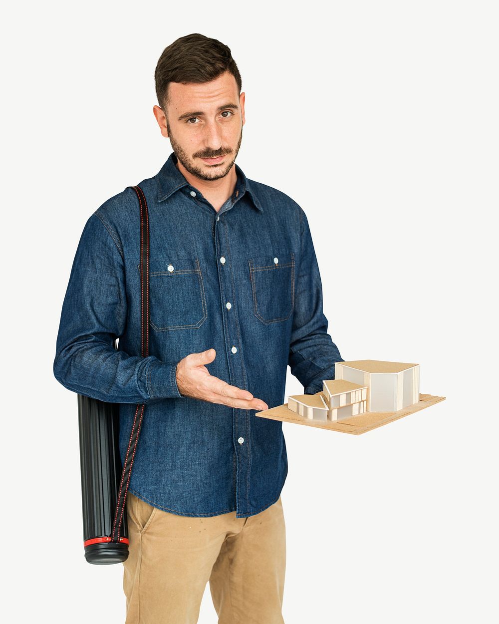 Architect man holding model building collage element psd