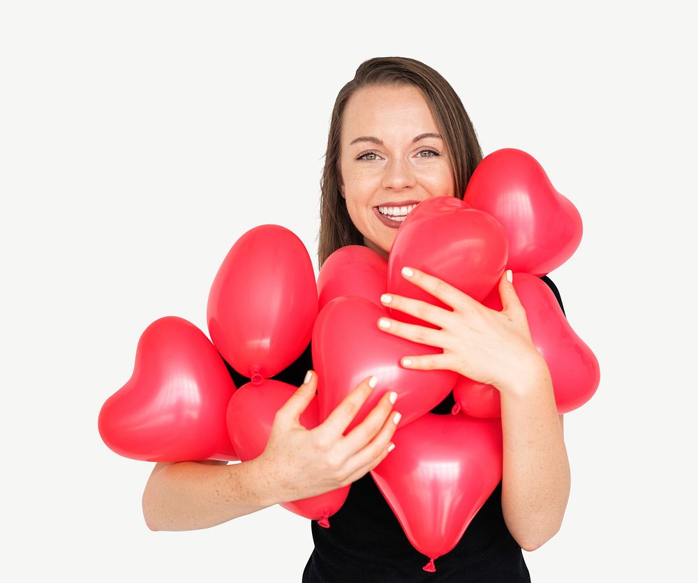 Woman holding red heart shaped balloons collage element psd