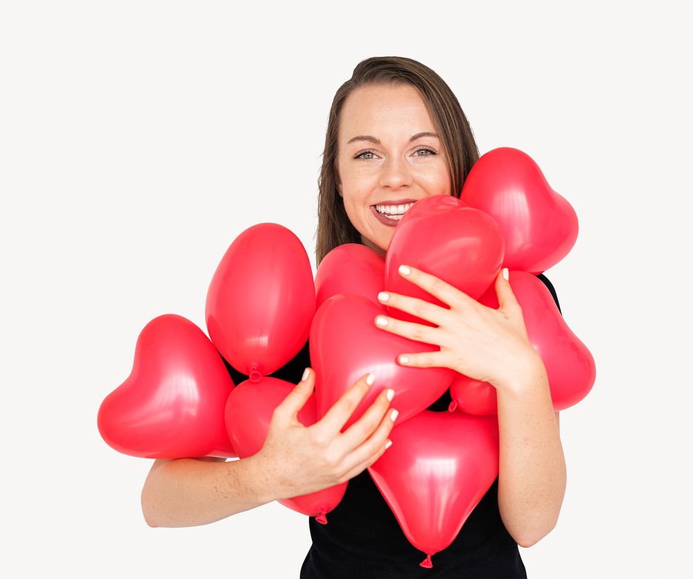 Woman holding red heart shaped balloons image element