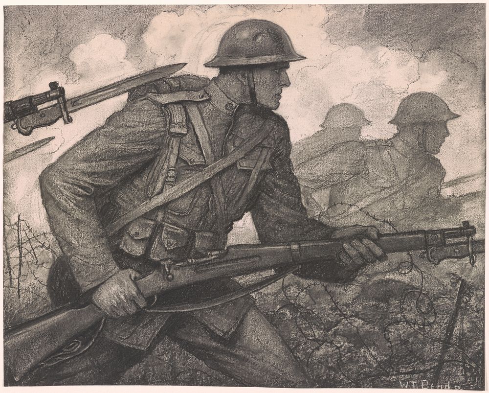 Soldiers carrying rifles with fixed bayonets, advancing through barbed wire entanglements / W.T. Benda. (1918) by Wladyslaw…