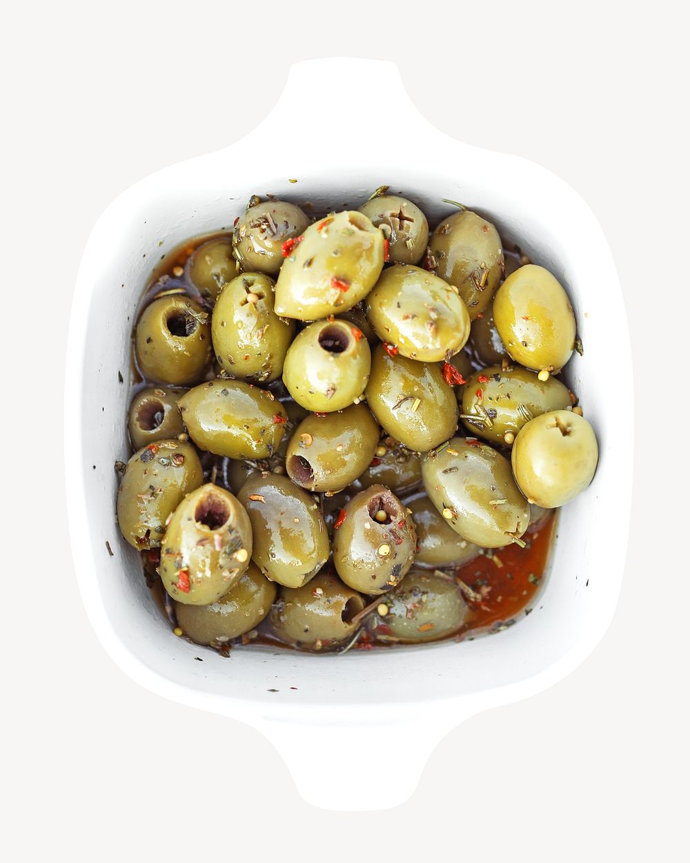Spicy pickled olives in a white bowl isolated image