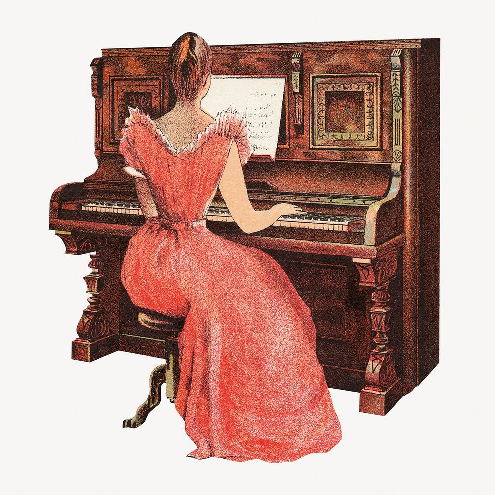 Vintage woman playing piano chromolithograph illustration. Remixed by rawpixel. 