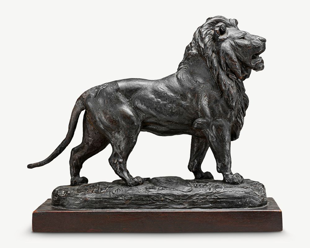Standing lion statue, attributed to Antoine-Louis Barye psd. Remixed by rawpixel.