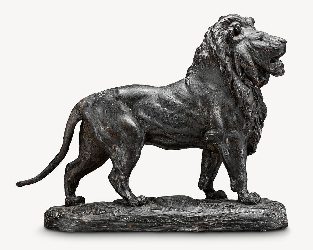 Standing lion statue, attributed to Antoine-Louis Barye. Remixed by rawpixel.