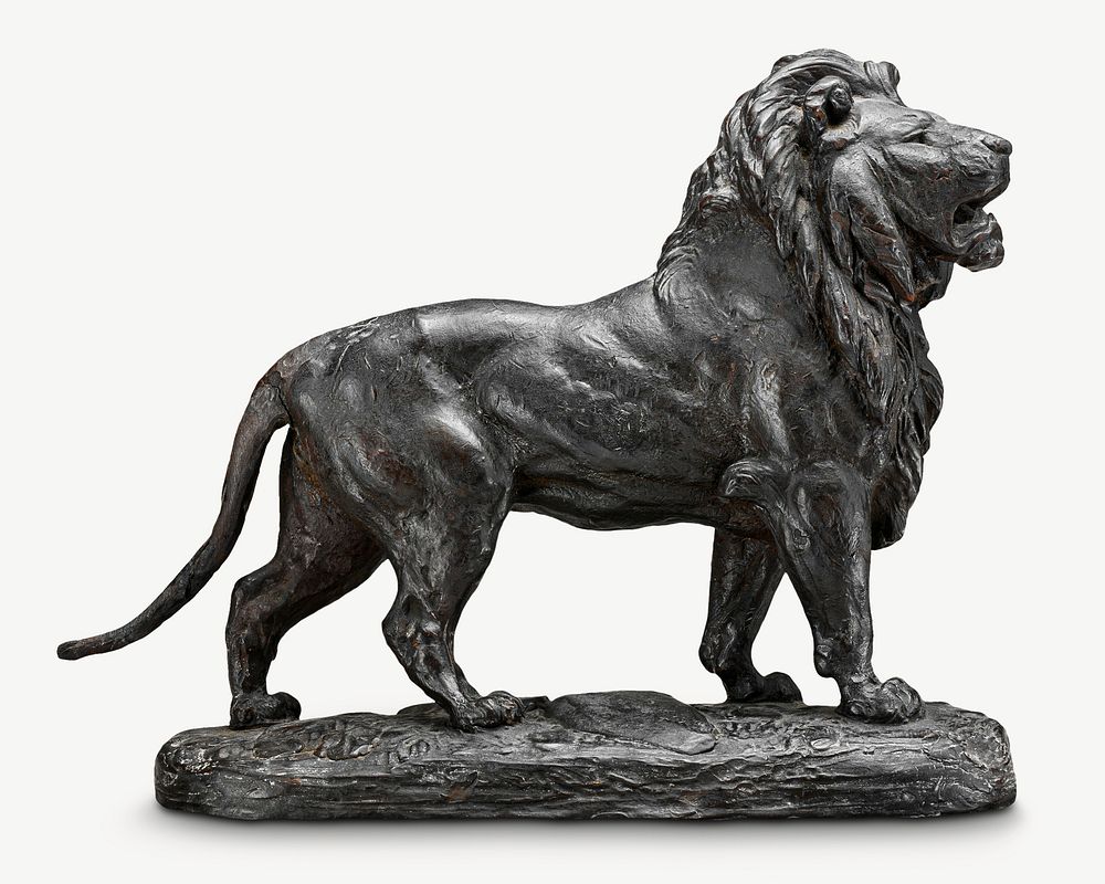 Standing lion statue, attributed to Antoine-Louis Barye psd. Remixed by rawpixel.