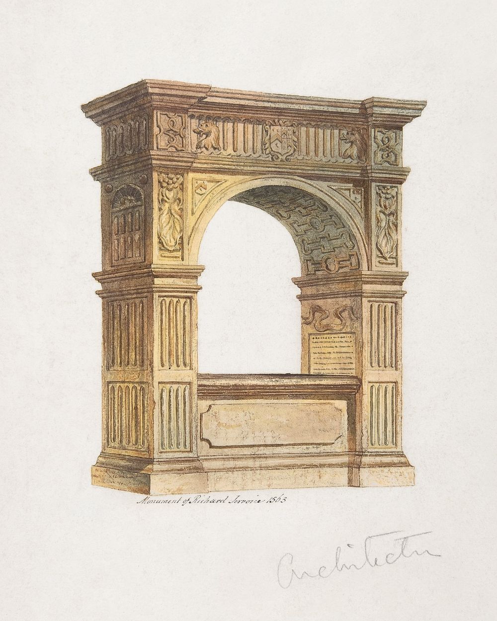 Monument of Richard Jervoice, 1563 (19th century), vintage architecture illustration. Original public domain image from The…