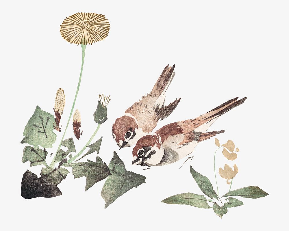 Sparrow birds, Japanese traditional illustration by Teisai Hokuba. Remixed by rawpixel.