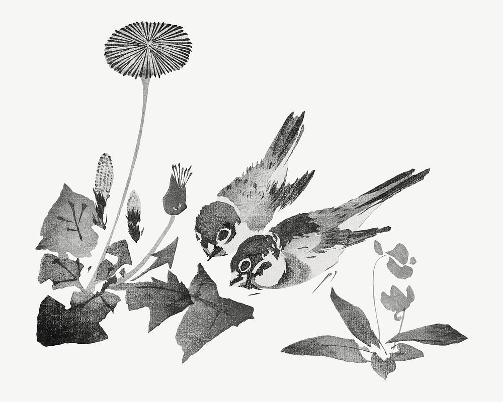 Sparrow birds, Japanese traditional illustration by Teisai Hokuba psd. Remixed by rawpixel.