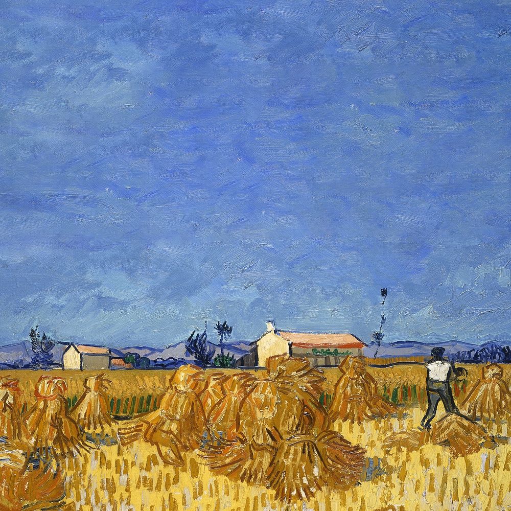 Van Gogh's farm background, Harvest in Provence painting. Remixed by rawpixel.