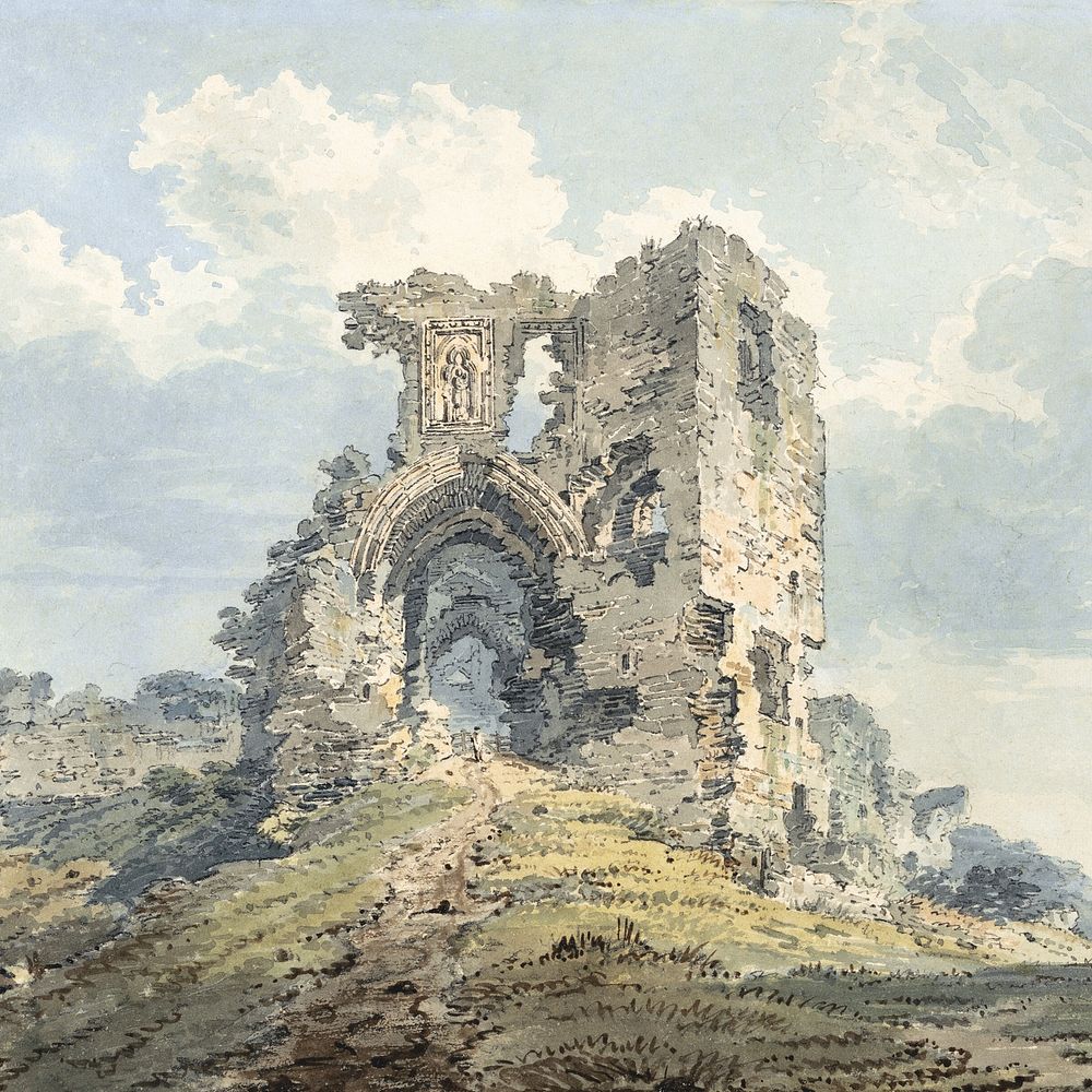 Denbigh Castle (1793), vintage architecture illustration by Thomas Girtin. Remixed by rawpixel.