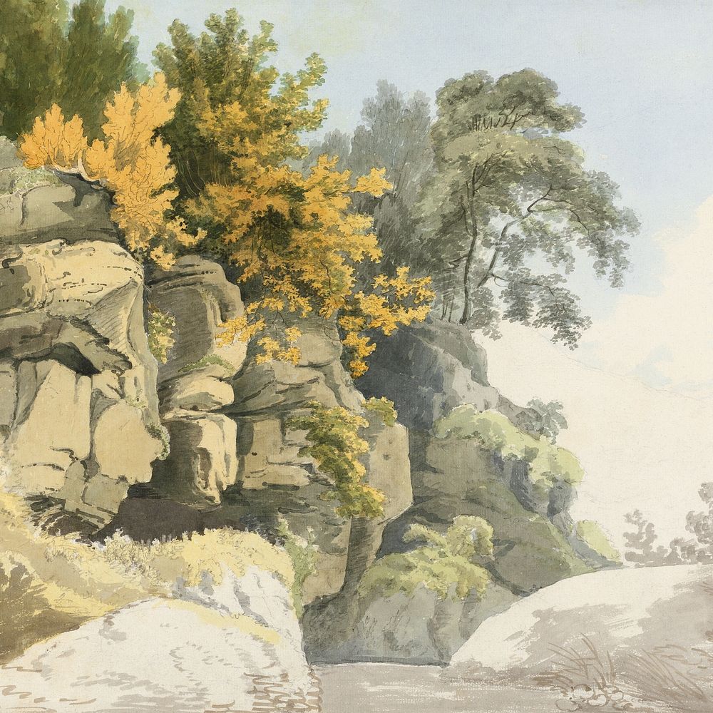 Wood rock mountains background, vintage nature illustration by William Day. Remixed by rawpixel.