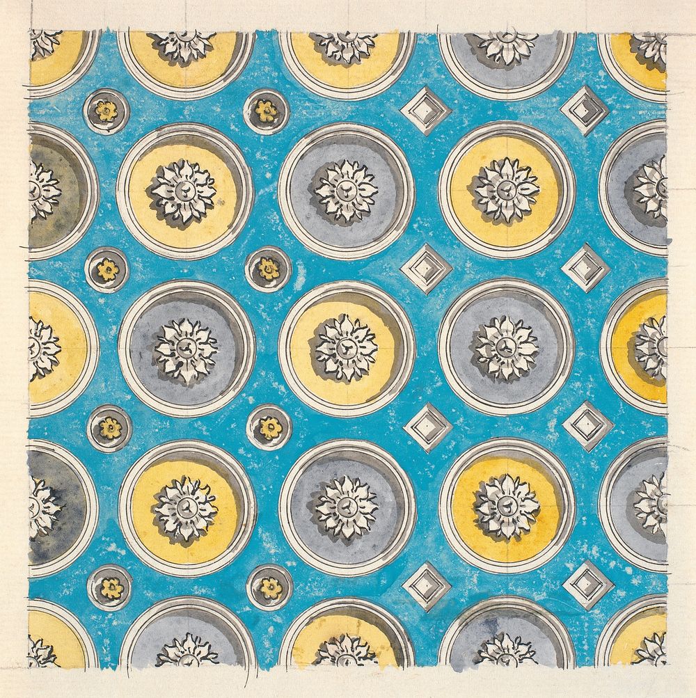 Draft for a ceiling with circular cassettes, alternating in yellow and violet on a blue background (1743 &ndash; 1809)…
