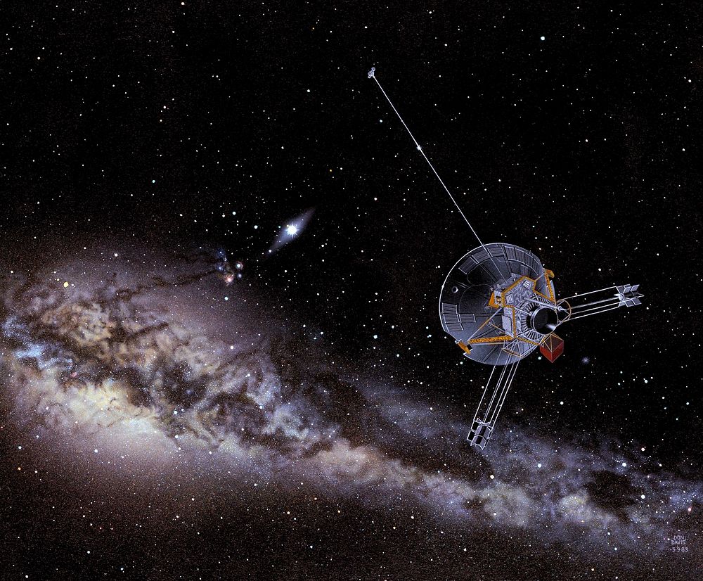An artist's impression of Pioneer 10 looking back on the inner Solar while on its way to interstellar space (1983). Original…