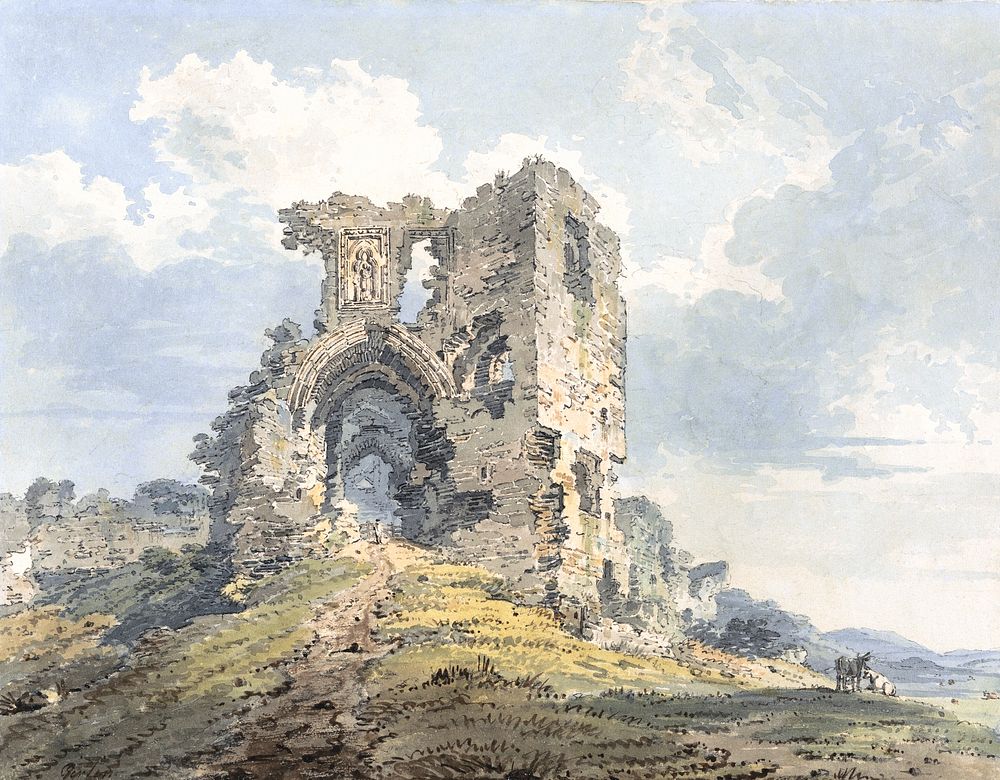 Denbigh Castle (1793), vintage architecture illustration by Thomas Girtin. Original public domain image from Yale Center for…