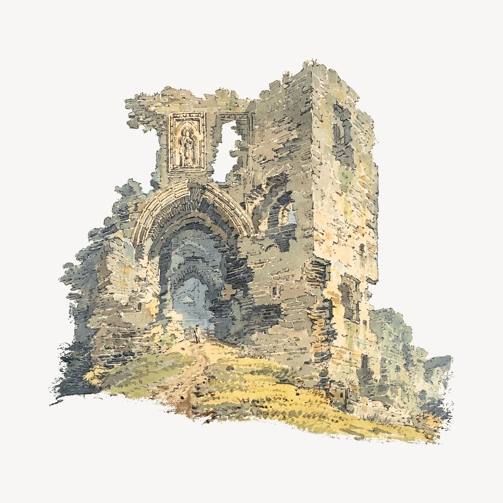 Denbigh Castle, vintage architecture illustration by Thomas Girtin. Remixed by rawpixel.