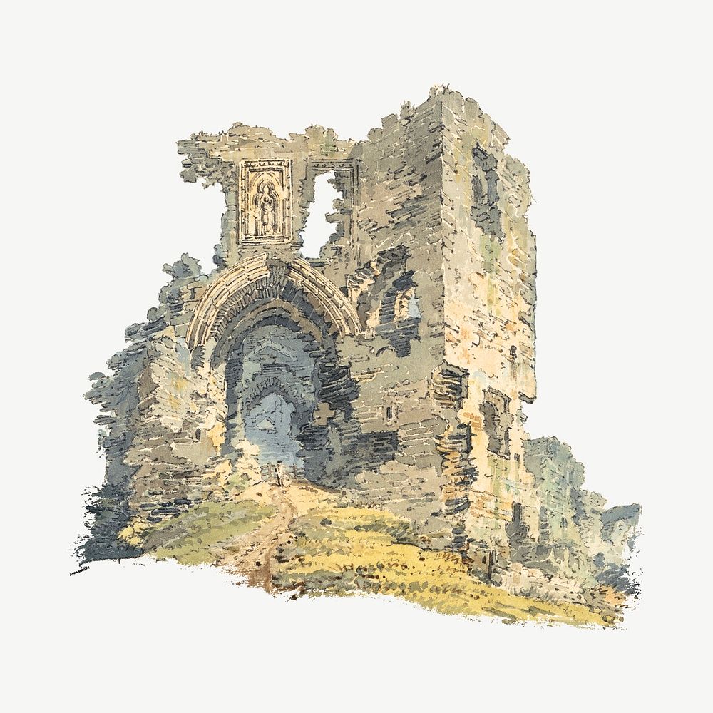Denbigh Castle, vintage architecture illustration by Thomas Girtin psd. Remixed by rawpixel.