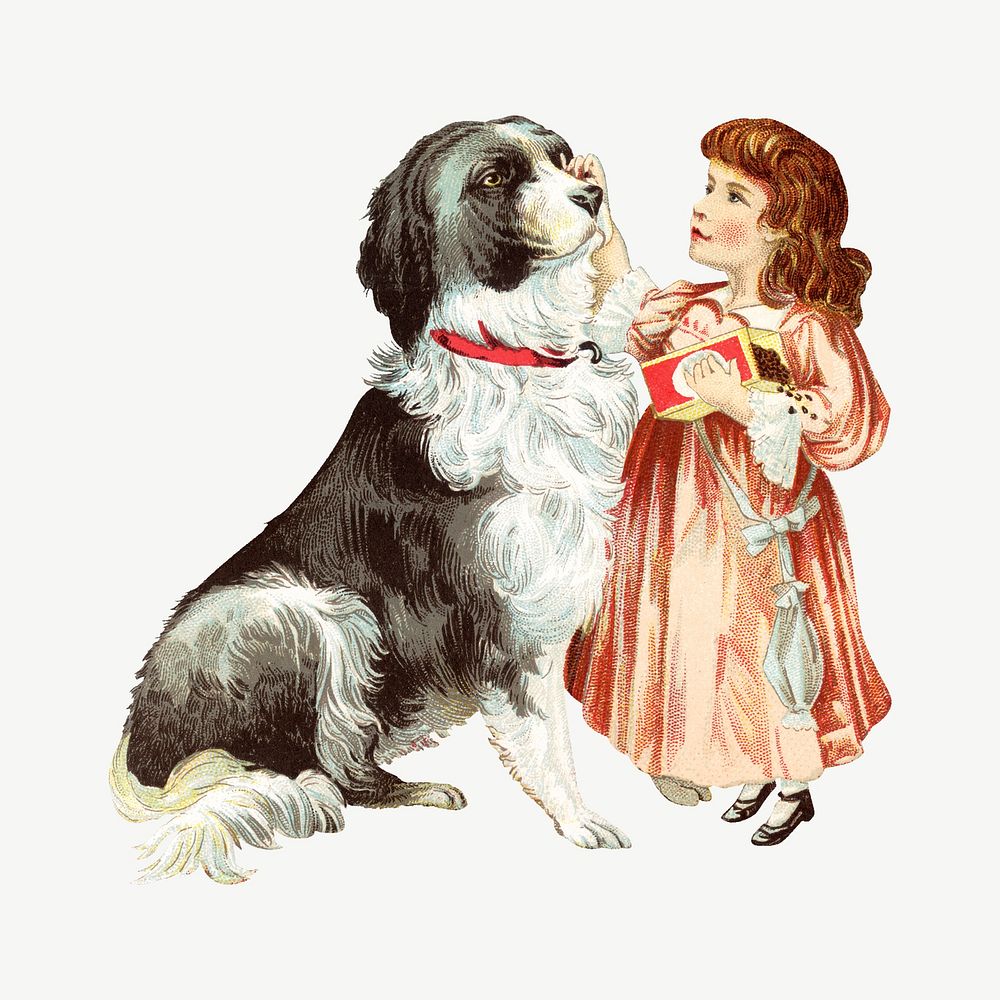 Little girl and dog chromolithograph art psd. Remixed by rawpixel.
