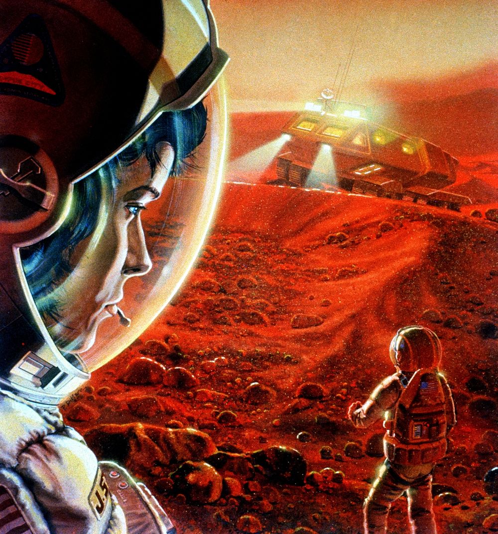 Astronauts walking on Mars during a dust storm (1989) illustrated by NASA/Paul DiMare. Original public domain image from…