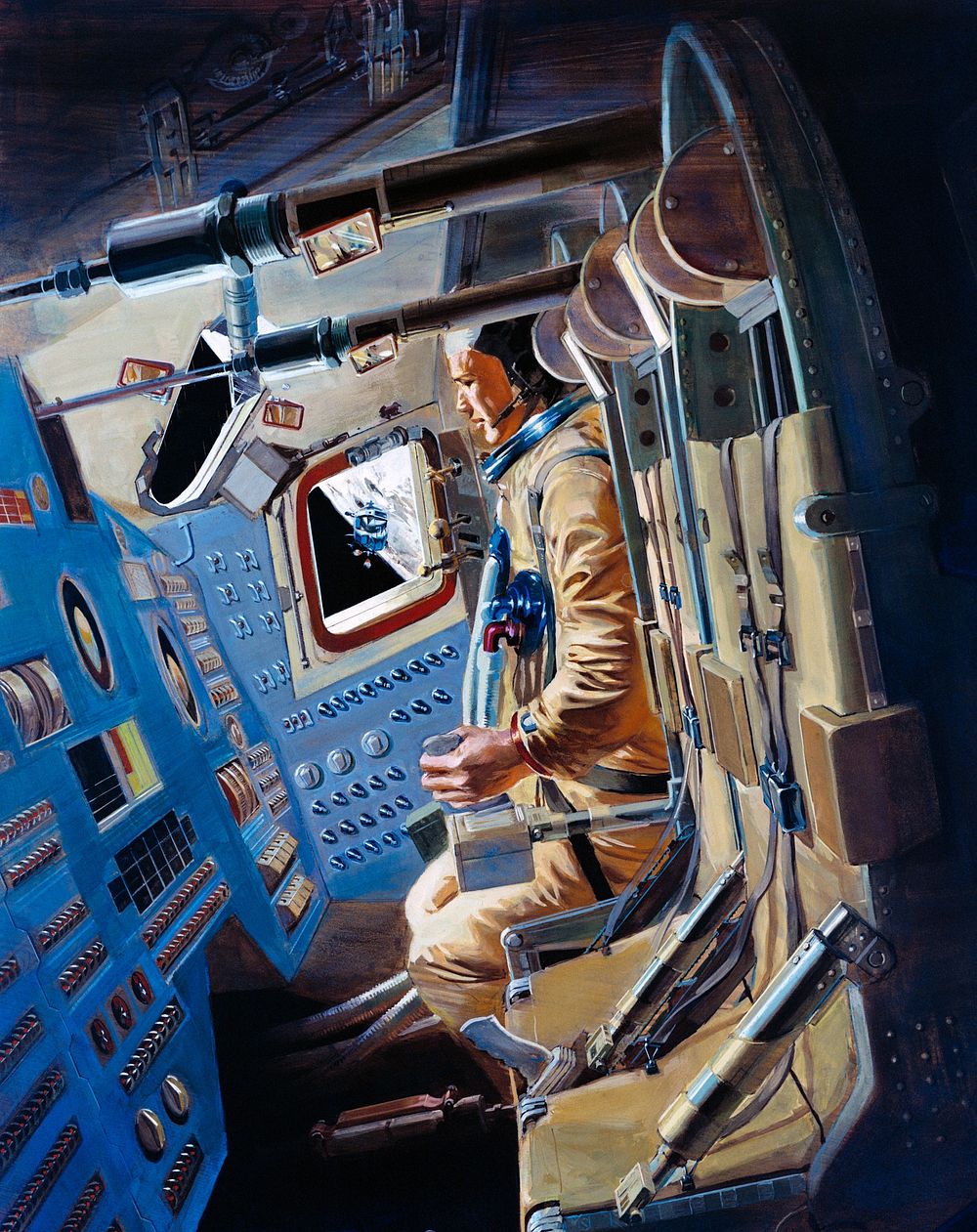 Apollo 12 Command Module's (CM) interior, with the command module pilot at the controls (1969) illustrated by NASA. Original…