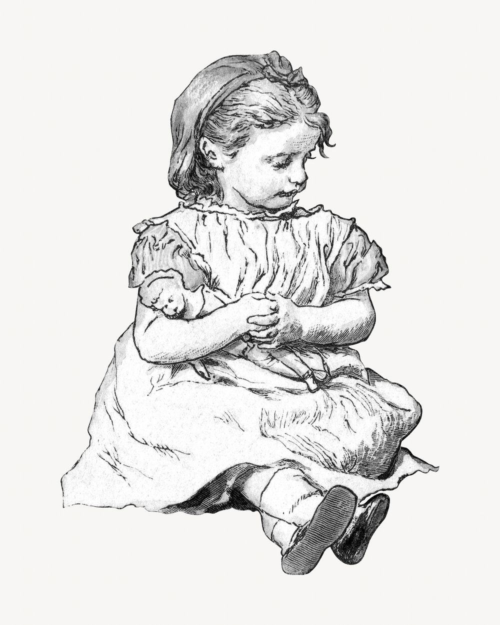 Little girl sitting illustration. Remixed by rawpixel.