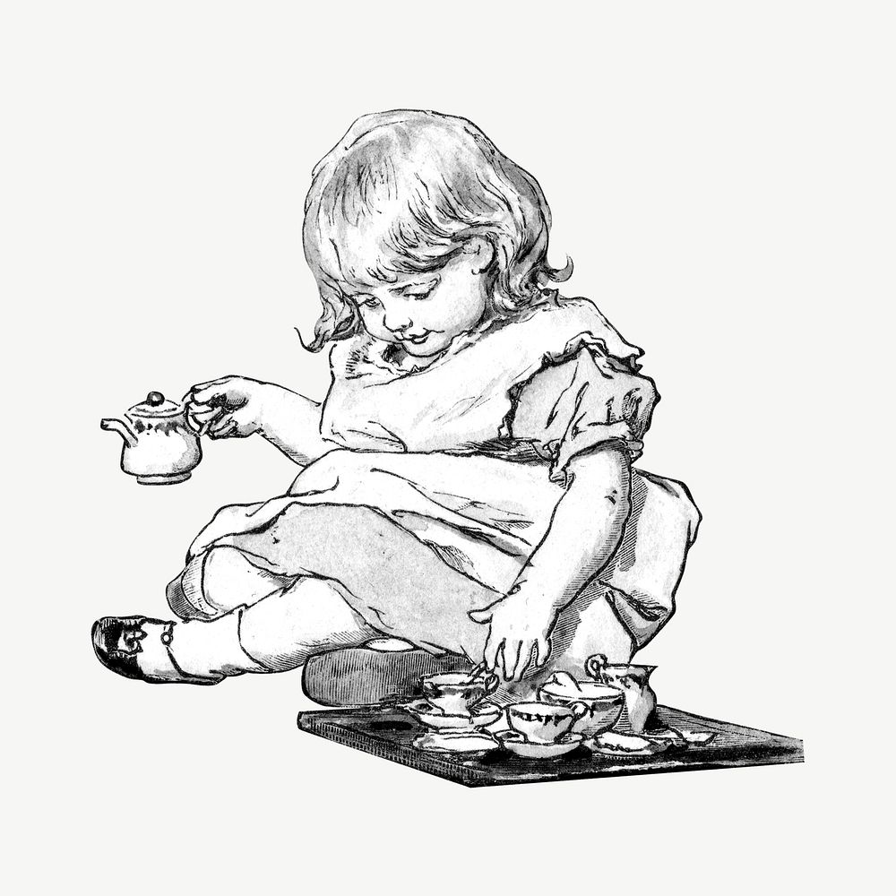 Little girl drinking tea illustration psd. Remixed by rawpixel.