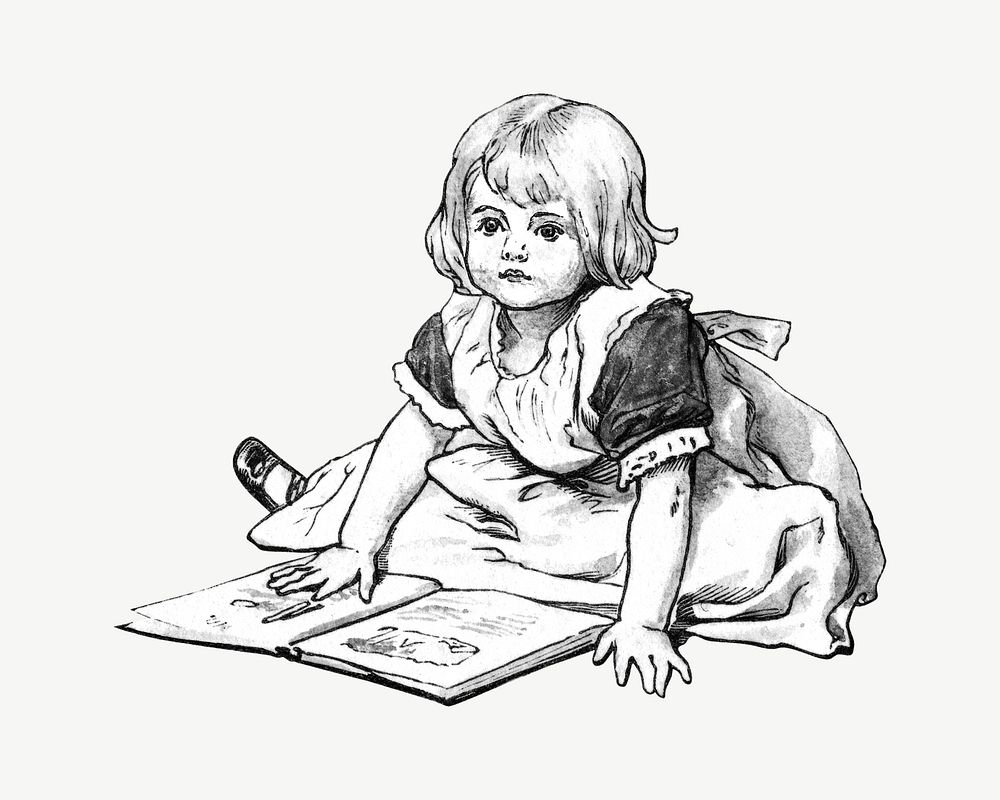 Little girl reading a book illustration. Remixed by rawpixel.