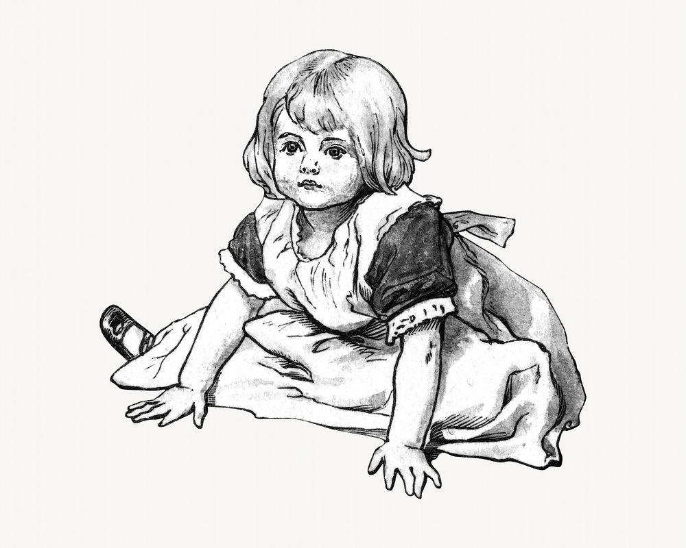 Little girl sitting illustration. Remixed by rawpixel.