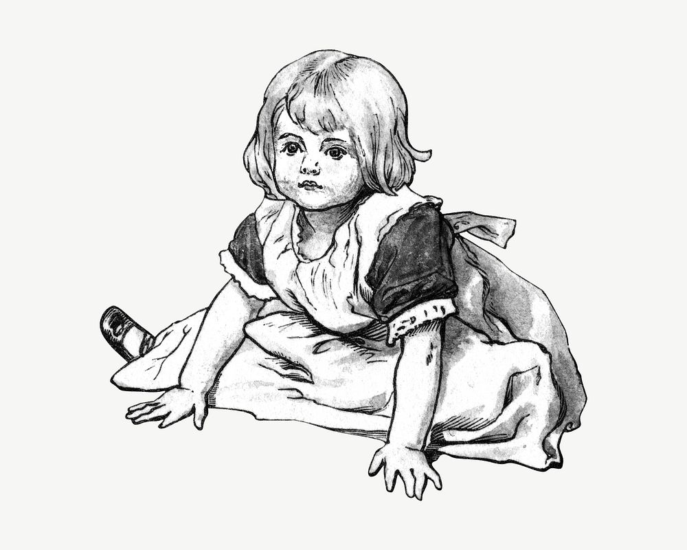 Little girl sitting illustration psd. Remixed by rawpixel.