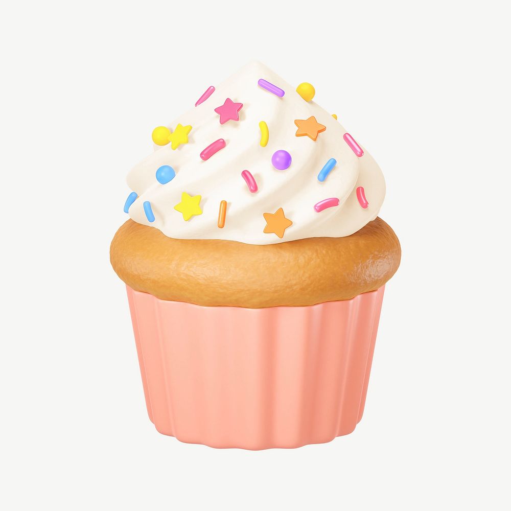 3D vanilla sprinkled cupcake, collage element psd