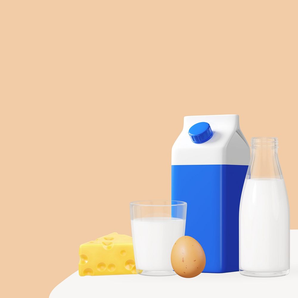 3D dairy products background, milk egg cheese 