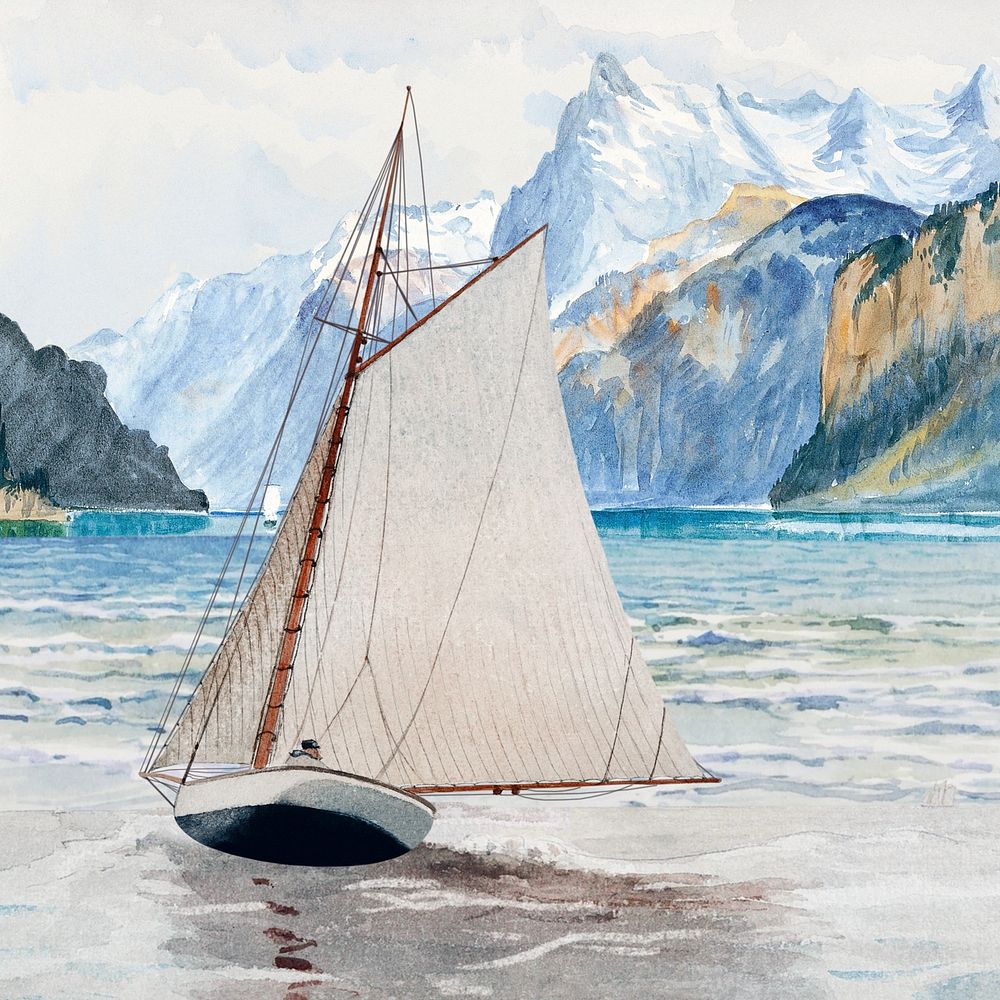 Watercolor sailboat among nature. Remixed by rawpixel.