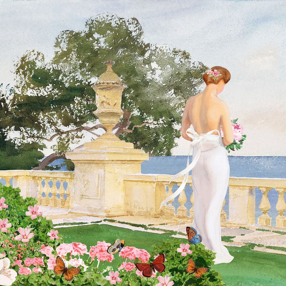 Watercolor bride at balcony background. Remixed by rawpixel.