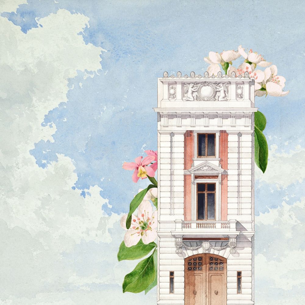 Watercolor building & flower background. Remixed by rawpixel.