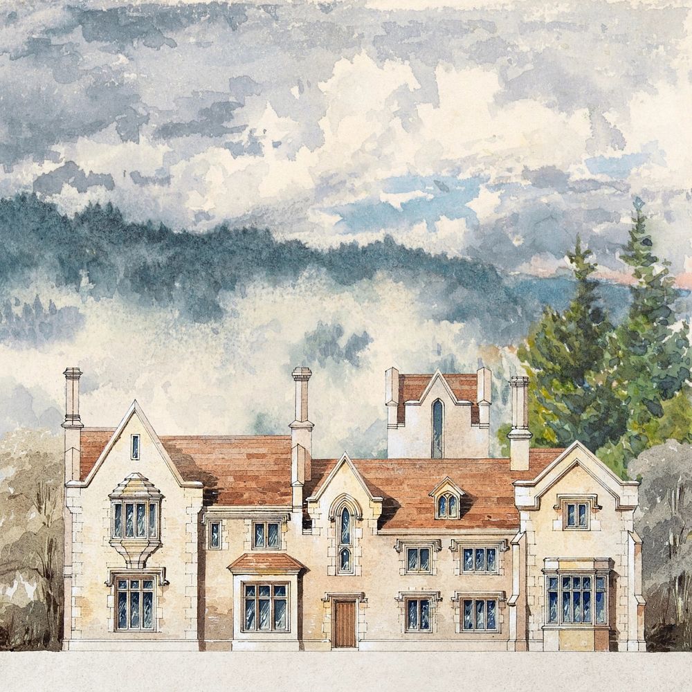Watercolor mansion in countryside. Remixed by rawpixel.