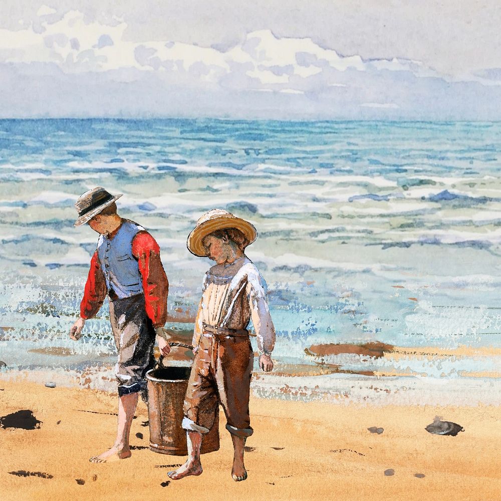 Watercolor boys at beach. Remixed by rawpixel.